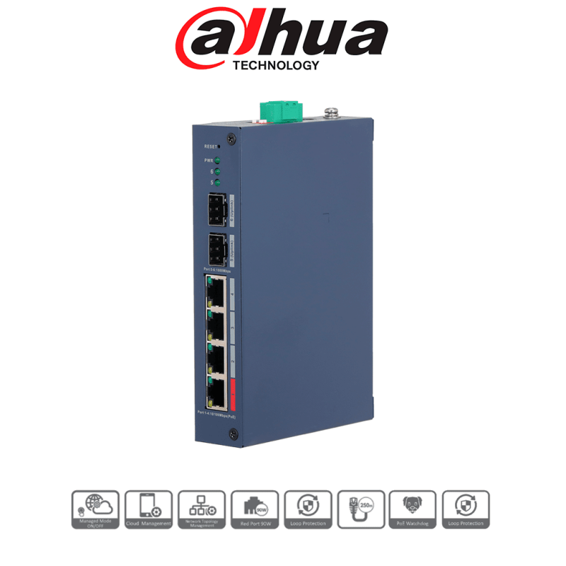 Switch PoE de 6 Puertos Semi Industrial, 4 Ptos Downlink PoE, 2 Ptos Uplink SFP Gigabit, Hasta 120W Totales, 802.3AF & AT, 1 Pto